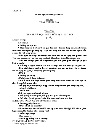 Kế hoạch bài dạy Chương trình Lớp 2 - Tuần 2 năm học 2021-2022 (Từ Thị Lý)