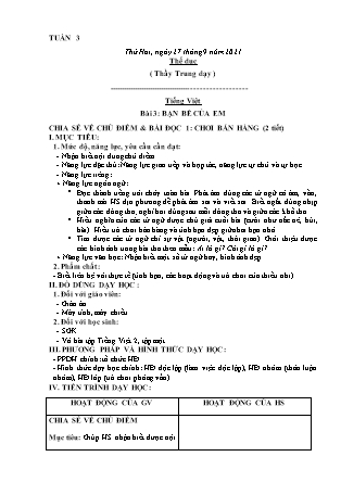 Kế hoạch bài dạy Chương trình Lớp 2 - Tuần 3 năm học 2021-2022 (Từ Thị Lý)