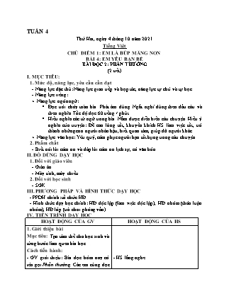 Kế hoạch bài dạy Chương trình Lớp 2 - Tuần 4 năm học 2021-2022 (Từ Thị Lý)