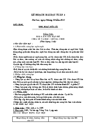 Kế hoạch bài dạy Chương trình Lớp 2 - Tuần 4 năm học 2022-2023 (Bùi Thị Bích Hiền)
