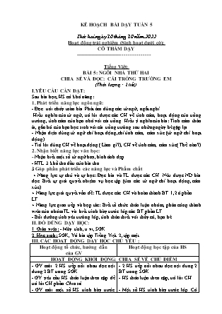 Kế hoạch bài dạy Chương trình Lớp 2 - Tuần 5 năm học 2022-2023 (Bùi Thị Bích Hiền)