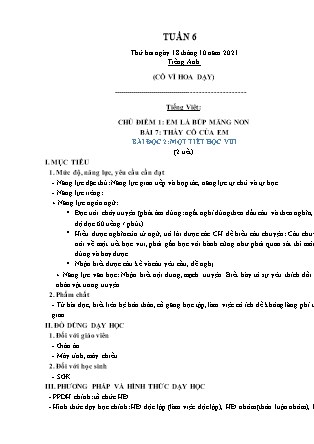 Kế hoạch bài dạy Chương trình Lớp 2 - Tuần 6 năm học 2021-2022 (Võ Thị Hải Quế)