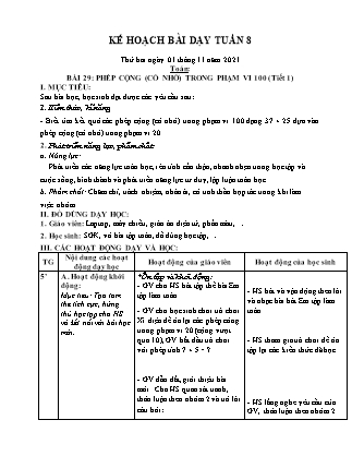 Kế hoạch bài dạy Chương trình Lớp 2 - Tuần 8 năm học 2021-2022 (Phan Thị Ánh Nguyệt)