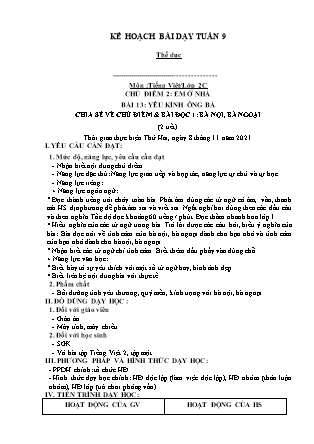 Kế hoạch bài dạy Chương trình Lớp 2 - Tuần 9 năm học 2021-2022 (Từ Thị Lý)