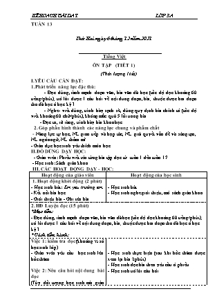 Kế hoạch bài dạy Chương trình Lớp 3 - Tuần 13 năm học 2021-2022 (Trần Thị Lương Hiền)