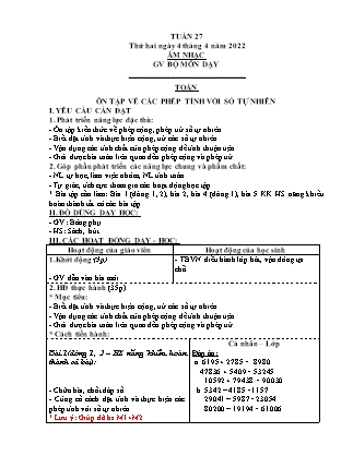 Kế hoạch bài dạy Chương trình Lớp 4 - Tuần 27 năm học 2021-2022 (Lê Thị Chinh)