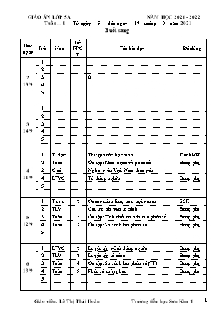 Kế hoạch bài dạy Chương trình Lớp 5 - Tuần 1 năm học 2021-2022 (Lê Thị Thái Hoàn)