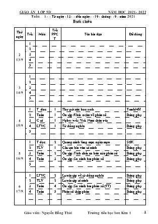 Kế hoạch bài dạy Chương trình Lớp 5 - Tuần 1 năm học 2021-2022 (Nguyễn Hồng Thái)