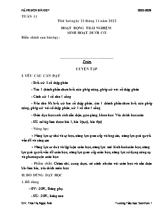 Kế hoạch bài dạy Chương trình Lớp 5 - Tuần 11 năm học 2022-2023 (Thái Thị Ngọc Ánh)
