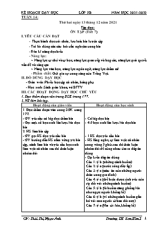 Kế hoạch bài dạy Chương trình Lớp 5 - Tuần 14 năm học 2021-2022 (Thái Thị Ngọc Ánh)