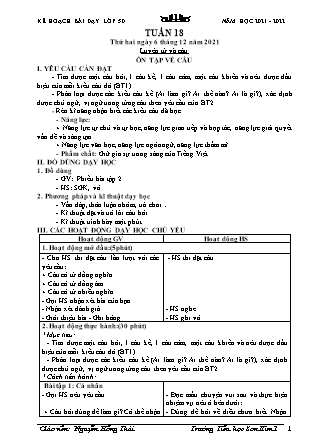 Kế hoạch bài dạy Chương trình Lớp 5 - Tuần 18 năm học 2021-2022 (Nguyễn Hồng Thái)