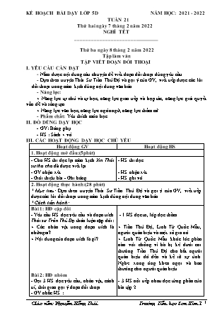 Kế hoạch bài dạy Chương trình Lớp 5 - Tuần 21 năm học 2021-2022 (Nguyễn Hồng Thái)