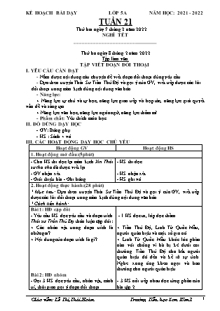 Kế hoạch bài dạy Chương trình Lớp 5 - Tuần 21 năm học 2021-2022 (Lê Thị Thái Hoàn)