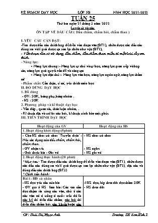 Kế hoạch bài dạy Chương trình Lớp 5 - Tuần 25 năm học 2021-2022 (GV Lê Thị Thái Hoàn)