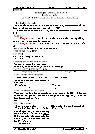 Kế hoạch bài dạy Chương trình Lớp 5 - Tuần 25 năm học 2021-2022 (Thái Thị Ngọc Ánh)