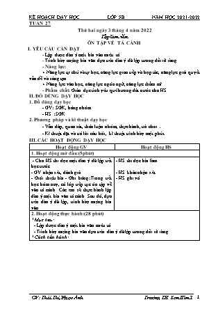 Kế hoạch bài dạy Chương trình Lớp 5 - Tuần 27 năm học 2021-2022 (Thái Thị Ngọc Ánh)