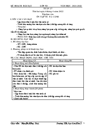 Kế hoạch bài dạy Chương trình Lớp 5 - Tuần 27 năm học 2021-2022 (Nguyễn Hồng Thái)