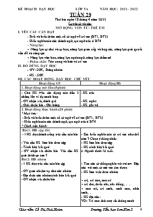 Kế hoạch bài dạy Chương trình Lớp 5 - Tuần 29 năm học 2021-2022 (Lê Thị Thái Hoàn)