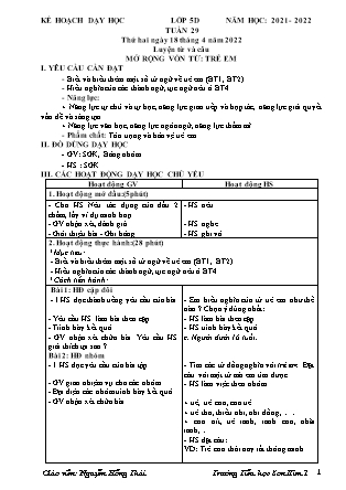 Kế hoạch bài dạy Chương trình Lớp 5 - Tuần 29 năm học 2021-2022 (Nguyễn Hồng Thái)