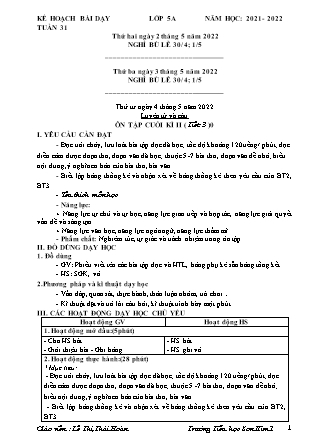 Kế hoạch bài dạy Chương trình Lớp 5 - Tuần 31 năm học 2021-2022 (Lê Thị Thái Hoàn)