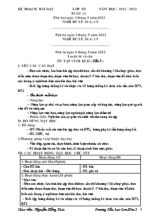 Kế hoạch bài dạy Chương trình Lớp 5 - Tuần 31 năm học 2021-2022 (Nguyễn Hồng Thái)