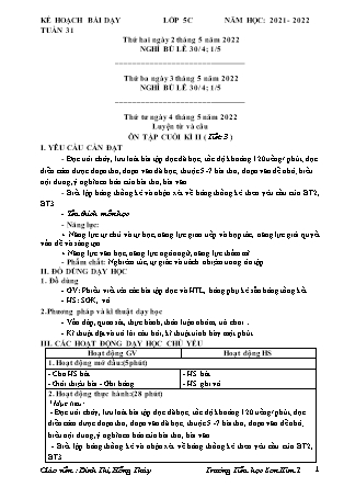 Kế hoạch bài dạy Chương trình Lớp 5 - Tuần 31 năm học 2021-2022 (Đinh Thị Hồng Thúy)