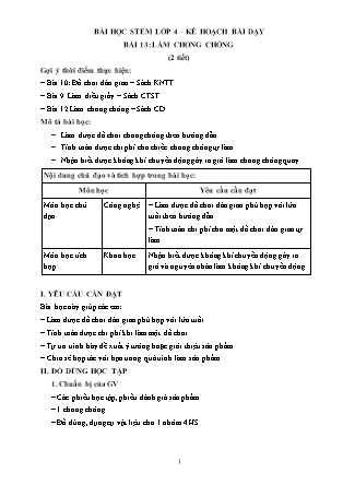 Kế hoạch bài dạy Công Nghệ 4 (Giáo án STEM) - Bài 13: Làm chong chóng (2 tiết)