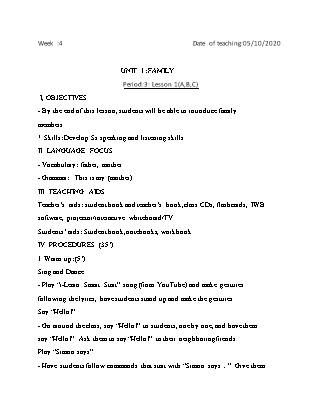 Kế hoạch bài dạy Giáo án Tiếng Anh Lớp 1 - Tuần 4 năm học 2020-2021 (Vì Thị Hoa)