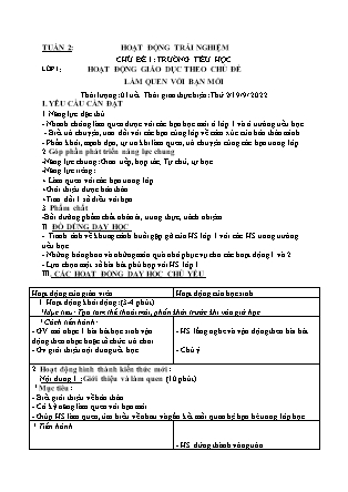 Kế hoạch bài dạy Môn Âm Nhạc, HĐTN Lớp 1 đến Lớp 5 - Tuần 2 năm học 2022-2023 (Cao Thị Hồng Thắm)