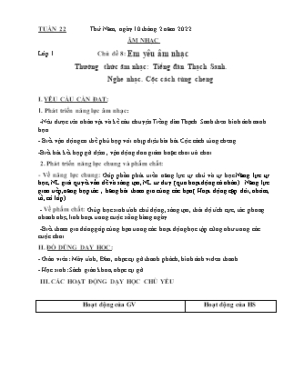 Kế hoạch bài dạy Môn Âm Nhạc Lớp 1 - Tuần 22, Chủ đề 8: Em yêu âm nhạc - Năm học 2021-2022 (Nguyễn Thị Thanh Tuyền)