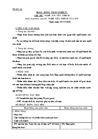 Kế hoạch bài dạy Môn Hoạt động Trải nghiệm Lớp 3 - Tuần 16, Chủ đề: Nghề em yêu thích. Nghề yêu thích của em - Năm học 2021-2022 (Nguyễn Thị Thanh Tuyền)