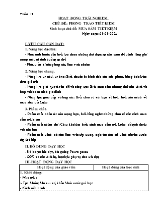 Kế hoạch bài dạy Môn Hoạt động Trải nghiệm Lớp 3 - Tuần 17, Chủ đề: Phong trào tiết kiệm. Mua sắm tiết kiệm - Năm học 2021-2022 (Nguyễn Thị Thanh Tuyền)