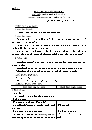 Kế hoạch bài dạy Môn Hoạt động Trải nghiệm Lớp 3 - Tuần 3, Chủ đề: Khám phá bản thân. Nét riêng của em - Năm học 2021-2022 (Nguyễn Thị Thanh Tuyền)