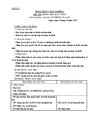 Kế hoạch bài dạy Môn Hoạt động Trải nghiệm Lớp 3 - Tuần 5, Chủ đề: Khám phá bản thân. Sở thích của em - Năm học 2021-2022 (Nguyễn Thị Thanh Tuyền)