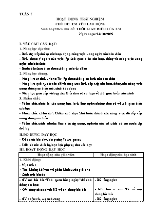 Kế hoạch bài dạy Môn Hoạt động Trải nghiệm Lớp 3 - Tuần 7, Chủ đề: Em yêu lao động. Thời gian biểu của em - Năm học 2021-2022 (Nguyễn Thị Thanh Tuyền)