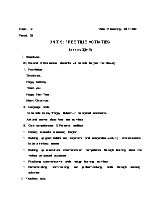 Kế hoạch bài dạy Môn Tiếng Anh Lớp 2 - Tuần 12 năm học 2021-2022 (Vi Thị Hoa)