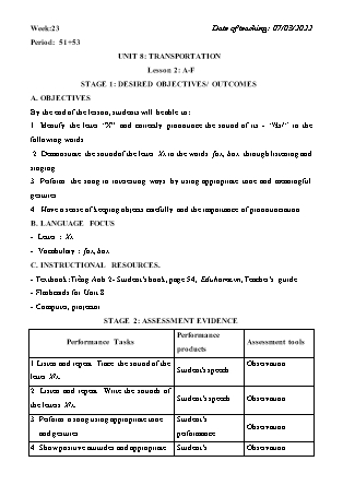 Kế hoạch bài dạy Môn Tiếng Anh Lớp 2 - Tuần 22+23: Unit 8: Transportation - Năm học 2021-2022 (Vi Thị Hoa)