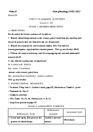 Kế hoạch bài dạy Môn Tiếng Anh Lớp 2 - Tuần 24: Unit 9: Classroom Activities - Năm học 2021-2022 (Vi Thị Hoa)