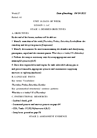 Kế hoạch bài dạy Môn Tiếng Anh Lớp 2 - Tuần 27: Unit 10: Days of week - Năm học 2021-2022 (Vi Thị Hoa)