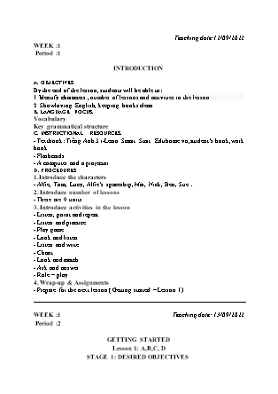 Kế hoạch bài dạy môn Tiếng Anh Lớp 3 - Tuần 1 năm học 2022-2023 (Vì Thị Hoa)