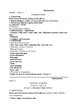 Kế hoạch bài dạy môn Tiếng Anh Lớp 3 - Tuần 1 năm học 2022-2023 (Phan Thị Thu Lài)