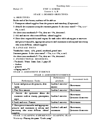 Kế hoạch bài dạy môn Tiếng Anh Lớp 3 - Tuần 10 năm học 2022-2023 (Phan Thị Thu Lài)