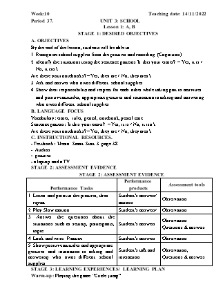Kế hoạch bài dạy môn Tiếng Anh Lớp 3 - Tuần 10 năm học 2022-2023 (Vì Thị Hoa)