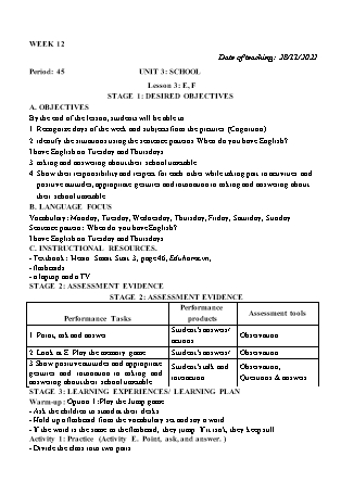 Kế hoạch bài dạy môn Tiếng Anh Lớp 3 - Tuần 12. Unit 3: School - Năm học 2022-2023 (Vì Thị Hoa)