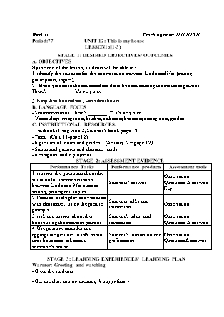 Kế hoạch bài dạy Môn Tiếng Anh Lớp 3 - Tuần 16: Unit 12: This is my house - Năm học 2021-2022 (Vi Thị Hoa)