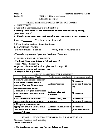 Kế hoạch bài dạy Môn Tiếng Anh Lớp 3 - Tuần 17: Unit 12: This is my house - Năm học 2021-2022 (Vi Thị Hoa)