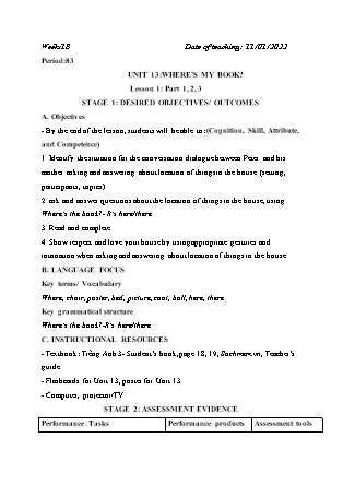 Kế hoạch bài dạy Môn Tiếng Anh Lớp 3 - Tuần 18: Unit 13: Wheres my book? - Năm học 2021-2022 (Vi Thị Hoa)