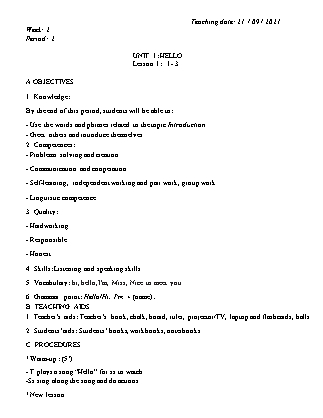 Kế hoạch bài dạy Môn Tiếng Anh Lớp 3 - Tuần 2: Unit 1: Hello - Năm học 2021-2022 (Vi Thị Hoa)