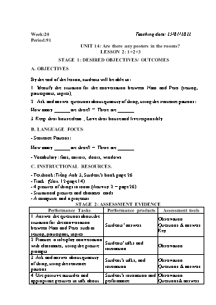 Kế hoạch bài dạy Môn Tiếng Anh Lớp 3 - Tuần 20: Unit 14: Are there any posters in the room? - Năm học 2021-2022 (Vi Thị Hoa)
