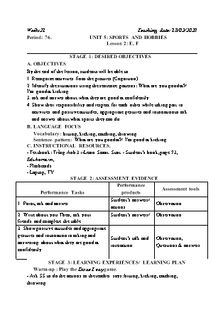 Kế hoạch bài dạy môn Tiếng Anh Lớp 3 - Tuần 21 năm học 2022-2023 (Vì Thị Hoa)